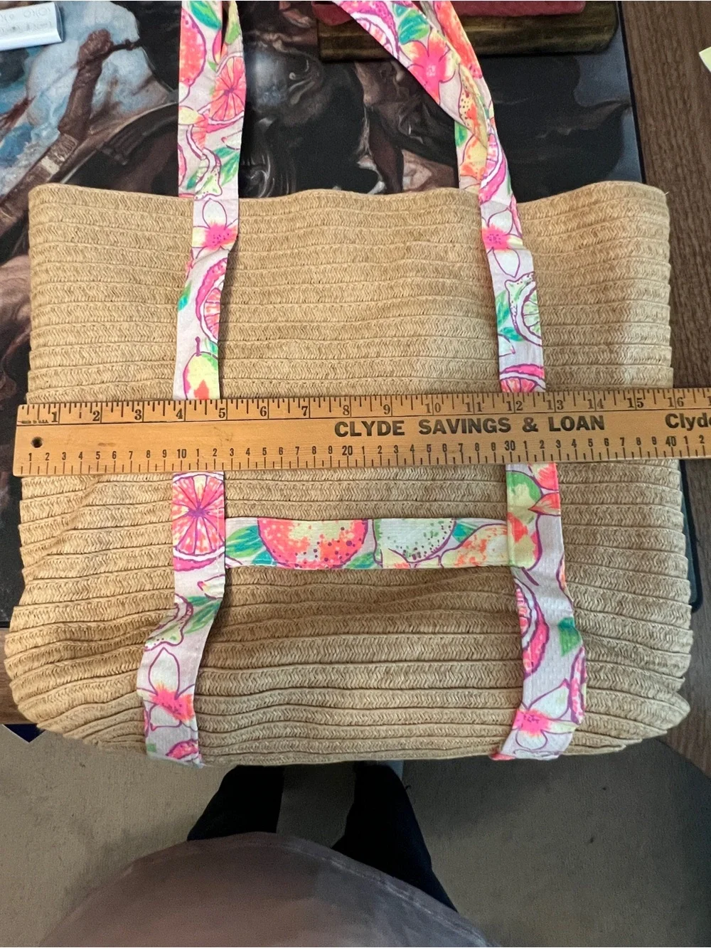 One 'n Only Woven Straw Beach Tote Bag Citrus Floral Straps Large